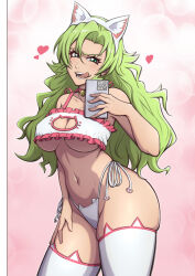 1girl animal_ears bare_shoulders bell bleach bleach:_sennen_kessen-hen breasts candice_catnipp cat_ears choker cleavage cleavage_cutout clothing_cutout collarbone fake_animal_ears female_focus green_eyes green_hair hand_on_own_thigh highres holding holding_phone large_breasts long_hair mistowing open_mouth phone quincy_(bleach) selfie skindentation sternritter thighhighs tongue tongue_out white_thighhighs