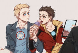 Rule 34 | 2boys, animification, arc reactor, avengers (series), avengers academy, black jacket, black pants, black shirt, blonde hair, blue eyes, blue sweater vest, blush, breast pocket, brown eyes, brown hair, chinese commentary, closed mouth, collarbone, collared shirt, commentary request, fingernails, food, grey background, holding, holding food, holding ice cream, holding tablet pc, ice cream, jacket, lapels, long sleeves, looking at another, male focus, marvel, multiple boys, one eye closed, open clothes, open jacket, open mouth, pants, pocket, red jacket, shirt, short hair, simple background, sitting, star (symbol), star print, steve rogers, sweater vest, t-shirt, tablet pc, teeth, tony stark, white shirt, yizilu699