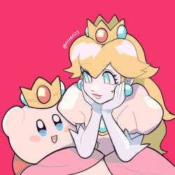 Rule 34 | :d, blonde hair, blue brooch, blue eyes, blush stickers, bright pupils, commentary, crossover, crown, dress, earrings, elbow gloves, elbow rest, facing viewer, gloves, hands on own cheeks, hands on own face, hands up, happy, head rest, jewelry, kirby, kirby (series), light smile, lips, long hair, looking at another, looking to the side, mario (series), ni re, nintendo, no nose, open mouth, pink background, pink dress, princess peach, puffy short sleeves, puffy sleeves, short sleeves, smile, sphere earrings, twitter username, wavy hair, white gloves, white pupils