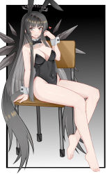 1girl absurdres alternate_costume angel animal_ears arknights barefoot black_background black_eyes black_hair black_halo black_leotard border breasts chair commentary_request covered_navel detached_wings fake_animal_ears feet halo highres large_breasts leotard long_hair muusn on_chair playboy_bunny rabbit_ears school_chair sitting solo toes very_long_hair virtuosa_(arknights) white_border wings wrist_cuffs