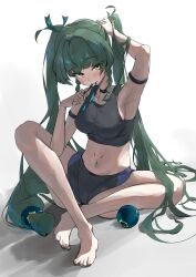 Rule 34 | 1girl, absurdres, android, barefoot, black shorts, blunt bangs, blush, braid, breasts, closed mouth, feet, full body, green eyes, green hair, highres, long hair, looking at viewer, medium breasts, navel, qingyi (zenless zone zero), shadow, shorts, side braids, sidelocks, simple background, sitting, solo, stomach, toes, tora (kumo sakamoto), twintails, white background, zenless zone zero