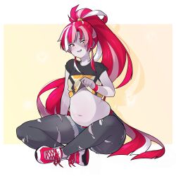 1girl bare_shoulders belly bikini black_nails bow breasts colored_skin denim denim_shorts diamond-shaped_pupils diamond_(shape) grey_skin hair_bun highres hololive hololive_indonesia kureiji_ollie long_hair morningpanda plump ponytail red_shoes shoes shorts small_breasts sneakers stitched_arm stitched_face stitches swimsuit symbol-shaped_pupils very_long_hair virtual_youtuber weight_gain x-shaped_pupils zombie