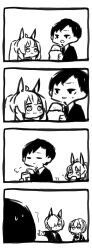 4koma :3 =_= ahoge angela_(project_moon) animal_ears closed_eyes closed_mouth collared_shirt comic commentary_request dog_ears eating greyscale harvest_fes highres jacket librarian_(project_moon) library_of_ruina long_hair long_sleeves monochrome necktie no_nose nugget_(project_moon) open_mouth pointing ponytail project_moon puff_of_air roland_(project_moon) shirt short_hair silent_comic sketch sweat