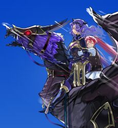 2girls armor blue_sky breastplate breasts camilla_(fire_emblem) cleavage closed_eyes commentary commission dragon english_commentary fire_emblem fire_emblem_fates floating_hair flying glowing glowing_eyes hair_over_one_eye highres horse hug hug_from_behind long_hair medium_breasts misokatsuhaumai multiple_girls nintendo purple_eyes purple_hair red_eyes red_hair selena_(fire_emblem_fates) skirt sky smile tiara twintails wavy_hair