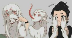 2girls artist_request black_hair long_tongue multiple_girls sharp_teeth simple_background tagme teeth tongue tongue_out