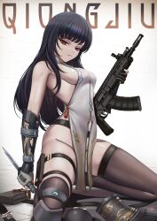 1girl absurdres arm_armor artist_name black_hair black_thighhighs breasts caiman_pool character_name china_dress chinese_clothes commentary dress english_commentary girls&#039;_frontline girls&#039;_frontline_2:_exilium gun highres holding holding_gun holding_knife holding_weapon knee_pads kneeling knife long_hair looking_at_viewer no_panties orange_eyes parted_lips pelvic_curtain pouch qbz-191_(girls&#039;_frontline) qiongjiu_(girls&#039;_frontline_2) single_knee_pad solo thighhighs unworn_armor weapon