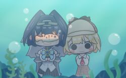 2girls absurdres animalization bare_shoulders blush_stickers dress_shirt fish hat highres hololive hololive_english monocle mpien multiple_girls nanashi_mumei necktie ouro_kronii ouro_kronii_(1st_costume) plaid_clothes plaid_skirt seaweed shirt skirt smile tears virtual_youtuber water watson_amelia watson_amelia_(1st_costume)