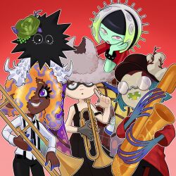 5girls artist_request black_dress black_necktie black_pants bracelet collared_shirt colored_skin dark-skinned_female dark_skin dress frills gloves gradient_background green_skin grey_gloves grey_hat hair_ornament hair_over_one_eye hat highres holding holding_instrument holding_saxophone holding_trombone holding_trumpet instrument jewelry kitamura_(splatoon) long_sleeves multiple_girls necktie nintendo no_eyes no_mouth no_nose oonie_(splatoon) open_mouth orange_hair outline pants parted_lips patterned_hair plaid_clothes plaid_shirt purple_eyes red_background red_shirt saxophone sea_urchin sharp_teeth shirt smile spiked_bracelet spikes splatoon_(series) splatoon_3 strap_slip tao_blu teeth tentacle_hair tosh_(splatoon) trombone trumpet white_outline white_shirt yoko_(splatoon)