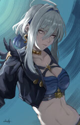 1girl absurdres ahoge black_jacket blue_bra blue_hair bra breasts chucky_(chucky1000sun) cleavage collarbone colored_inner_hair commentary crop_top earrings galbrena_(wuthering_waves) gold_choker grey_eyes grey_hair hair_between_eyes hair_intakes highres jacket jewelry looking_at_viewer medium_breasts medium_hair multicolored_hair parted_lips signature solo streaked_hair underwear upper_body wuthering_waves
