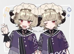 2girls 3a_n53 :d arknights bena_(arknights) brown_hair commentary_request dual_persona grey_background hand_up highres horns looking_at_viewer multiple_girls one_eye_closed open_mouth parted_lips red_eyes short_hair simple_background smile sparkle squeans twitter_username upper_body