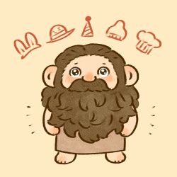 1boy beard blush brown_theme chef_hat chibi dungeon_meshi dwarf facial_hair full_body hat large_ears long_beard looking_at_viewer male_focus mustache ruuiruiruirui senshi_(dungeon_meshi) senshi_(half-foot)_(dungeon_meshi) solo straight-on thick_mustache very_long_beard