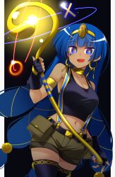 adapted_costume alternate_skin_color armlet bare_shoulders belt belt_buckle black_background black_belt black_gloves black_tank_top black_thighhighs blue_eyes blue_hair blue_napoleon_(idolmaster) breasts brown_shorts buckle choker cleavage cowboy_shot crop_top earrings facial_mark fingerless_gloves gloves gold gold_choker hair_bobbles hair_ornament highres holding holding_scepter hoop_earrings jewelry key_earrings large_breasts long_hair looking_at_viewer michigami_nareko muchin_jousha nail_polish open_mouth scepter shirt short_shorts shorts sleeveless sleeveless_shirt tan tank_top thighhighs touhou triangle triangle_facial_mark very_long_hair