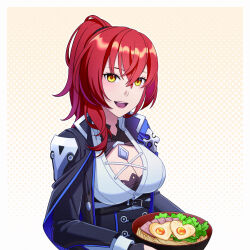 1girl absurdres black_jacket bowl breasts c10h12o2 cleavage cleavage_cutout clothing_cutout commentary english_commentary food happy_birthday highres holding holding_bowl honkai_(series) honkai_impact_3rd jacket large_breasts lipstick long_hair long_sleeves looking_at_viewer makeup mole mole_on_breast murata_himeko murata_himeko_(arctic_kriegsmesser) noodles open_mouth polka_dot polka_dot_background ponytail ramen red_hair solo upper_body yellow_eyes