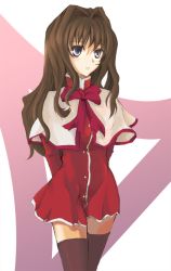 Rule 34 | 1girl, blue eyes, bow, brown hair, female focus, hair intakes, kanon, long hair, misaka kaori, red skirt, school uniform, skirt, solo, thighhighs, wowan, zettai ryouiki