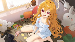 Rule 34 | 1girl, barefoot, bed, blush, breasts, carrot, cellphone, controller, earphones removed, food, from above, game controller, highres, listella, long hair, looking at viewer, meettheton, naked shirt, off shoulder, on bed, open mouth, orange hair, oversized clothes, oversized shirt, phone, pillow, plant, potted plant, red eyes, shirt, sitting, small breasts, smartphone, solo, stuffed animal, stuffed carrot, stuffed rabbit, stuffed toy, teeth, upper teeth only, very long hair, virtual youtuber, white shirt, window, yato (listella)