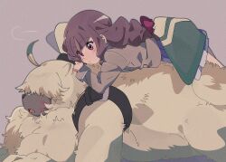 1boy 1girl angoramon blue_sky body_fur brown_eyes brown_hair brown_jacket covered_eyes dark-skinned_male dark_skin digimon digimon_(creature) digimon_ghost_game highres jacket kyuu_may_9 long_hair lying on_stomach pleated_skirt school_uniform skirt sky tsukiyono_ruli yellow_fur