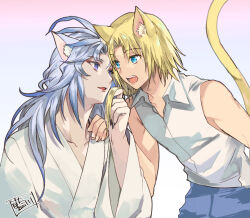 2boys aikawaazumi alternate_costume animal_ears blonde_hair blue_eyes blue_hair blue_pants cat_boy cat_day cat_ears cat_tail claws collared_shirt commentary_request eyeshadow fang final_fantasy final_fantasy_ix forehead-to-forehead gradient_background gradient_hair grey_hair hand_on_another&#039;s_shoulder heads_together holding_another&#039;s_hair japanese_clothes kemonomimi_mode kimono kuja leaning_forward light_smile long_hair looking_at_another makeup male_focus multicolored_hair multiple_boys open_mouth pants parted_lips ponytail purple_eyes purple_nails red_eyeshadow shirt short_hair_with_long_locks signature sleeveless sleeveless_shirt tail upper_body white_kimono yaoi zidane_tribal