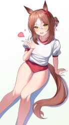 1girl 1m5papa absurdres alternate_costume animal_ears brown_hair buruma fine_motion_(umamusume) folded_ponytail green_eyes hair_between_eyes hair_ornament heart highres horse_ears horse_girl horse_tail legs looking_at_viewer open_mouth simple_background solo sweat tail thighs umamusume v white_background