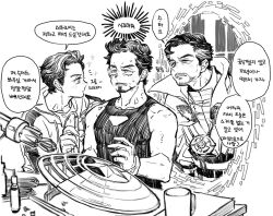 3boys animification arc_reactor avengers:_endgame avengers_(series) backpack bag bare_shoulders belt cable cloak closed_mouth collarbone commentary_request cup dishing doctor_strange facial_hair gloves greyscale half-closed_eyes hand_up highres hood hoodie jewelry korean_commentary korean_text long_sleeves looking_afar looking_at_another male_focus marvel marvel_cinematic_universe monochrome multicolored_hair multiple_boys muscular muscular_male necklace open_clothes open_hoodie peter_parker portal_(object) screwdriver shield shirt short_hair sparkle speech_bubble standing star_(symbol) t-shirt table tank_top teeth tony_stark translation_request two-tone_hair v-shaped_eyebrows