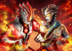 Rule 34 | 2boys, abs, alien, armor, aura, battle, black skin, blue skin, breastplate, clenched hands, color timer, colored skin, commentary, eye slugger, fiery aura, fiery background, fighting stance, fire, flaming hand, forehead jewel, gem, glenfire, gloves, glowing, glowing eyes, gradient background, green gemstone, hand up, light particles, looking at another, male focus, motion blur, multicolored skin, multiple boys, muscular, muscular male, no pupils, pectorals, punching, red skin, shoulder armor, signature, silver gloves, silver skin, snowslide, tokusatsu, ultra bracelet (ultraman zero), ultra galaxy (series), ultra series, ultraman zero, ultraman zero the movie choukessen! belial ginga teikoku, upper body