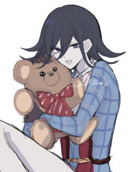 1boy black_hair bow brown_gloves commentary_request danganronpa_(series) danganronpa_v3:_killing_harmony flipped_hair gloves hair_between_eyes highres jacket lll_shino long_sleeves looking_at_viewer male_focus official_alternate_costume oma_kokichi open_mouth pants plaid_clothes plaid_jacket purple_eyes red_bow shirt signature simple_background sitting smile solo stuffed_animal stuffed_toy teddy_bear white_background