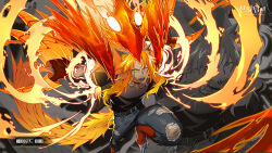animal_ears baylord_yama belt black_jacket black_shirt blonde_hair choker claws collarbone colored_extremities denim dog_ears dog_tail facial_mark game_cg glowing glowing_eyes glowing_hair gradient_hair gradient_skin highres incoming_attack jacket jeans long_hair looking_at_another looking_at_viewer male_focus multicolored_hair official_art open_mouth orange_hair pants red_hands shadow sharp_teeth shinsoo_(tower_of_god) shirt simple_background solo spiked_choker spikes sunsumizu tail teeth torn_clothes torn_jeans torn_pants torn_shirt tower_of_god tower_of_god:_great_journey transformation yellow_eyes zipper