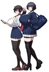 2girls absurdres amx1375 bag black_choker black_shoes black_thighhighs blue_jacket blue_skirt bob_cut bra bra_visible_through_clothes breasts brown_shoes cellphone choker closed_eyes collared_shirt colored_inner_hair dress_shirt earrings fingernails from_side full_body gigantic_breasts hair_between_eyes high_heels highres holding holding_phone huge_breasts jacket jewelry loafers long_fingernails long_sleeves multicolored_hair multiple_earrings multiple_girls nail_polish original phone pink_bag pink_bra pink_nails pleated_skirt red_eyes school_uniform shirt shirt_tucked_in shoes short_hair shoulder_bag skirt sleeves_past_wrists smile stud_earrings tented_shirt thighhighs tight_clothes two-tone_hair underwear walking waving white_background white_shirt white_skirt zettai_ryouiki