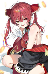 1girl :d absurdres ascot black_jacket breasts brooch brown_socks coin commentary double-parted_bangs frilled_shirt_collar frills gloves gold_coin gold_trim hair_between_eyes hair_ribbon hand_up haze_(ohw8g) heterochromia highres hololive houshou_marine jacket jewelry kneehighs large_breasts long_hair looking_at_viewer miniskirt off_shoulder ok_sign open_mouth pleated_skirt red_ascot red_eyes red_hair red_jacket red_ribbon red_skirt ribbon simple_background single_sleeve_past_fingers sitting skirt sleeveless sleeveless_jacket smile socks solo twintails virtual_youtuber white_background white_gloves yellow_eyes