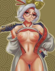 1girl art_conscript breasts closed_mouth coat eyeshadow eyewear_on_head female_focus glasses gloves gluteal_fold groin hair_bun hair_ornament hair_stick half_gloves hand_on_own_hip headband highres holding long_sleeves makeup medium_breasts naked_coat navel nintendo nipples outline purah pussy red-framed_eyewear red_eyes red_eyeshadow round_eyewear sheikah short_hair solo standing stomach the_legend_of_zelda the_legend_of_zelda:_tears_of_the_kingdom white_hair wide_sleeves