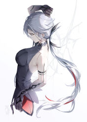 Rule 34 | 1girl, absurdres, arlecchino (genshin impact), arm up, bare shoulders, black shirt, genshin impact, grey hair, haru same322, highres, long hair, shirt, sleeveless, sleeveless shirt, solo, upper body, very long hair, white background