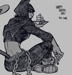 1girl animal_ears bone_nigi cake cake_slice cat_ears cat_girl cat_tail cropped_jacket eating english_text food fork greyscale highres holding holding_fork holding_plate kurogai_(bone_nigi) midriff monochrome original plate short_hair sitting solo tail