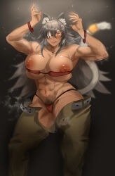 1girl abs absurdres animal_ear_fluff animal_ears armpits arms_up bandeau bandeau_pull bare_shoulders belt blush breasts cat_ears cat_girl cat_tail clothes_pull collarbone commentary dark-skinned_female dark_skin excessive_pubic_hair eyepatch facial_scar female_pubic_hair ghislaine_dedoldia green_pants grey_pubic_hair hair_between_eyes highleg highleg_panties highres large_breasts long_hair looking_at_viewer muscular muscular_female mushoku_tensei navel navel_hair nipples no_jacket open_belt open_mouth open_pants paid_reward_available panties pants pubic_hair red_bandeau red_eyes red_panties scar scar_on_cheek scar_on_face scar_on_stomach sidelocks skindentation solo standing steaming_body stomach sweat tail tail_ornament tail_ring teeth tongue tongue_out underwear upper_teeth_only yonezu