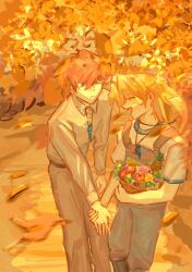 Rule 34 | 2boys, autumn, autumn leaves, blonde hair, blue eyes, blush, boots, carrying, closed eyes, closed mouth, eyunle34567, food, fruit, fruit basket, holding hands, jewelry, jonouchi katsuya, kaiba seto, leaf, looking at another, male focus, multiple boys, necklace, open mouth, outdoors, shell, shell necklace, short hair, smile, walking, yaoi, yu-gi-oh!