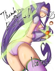 ! absurdres ass commission digimon digimon_(creature) fairimon from_behind highres koutei_teki long_hair purple_hair simple_background solo speech_bubble spoken_exclamation_mark thank_you white_background