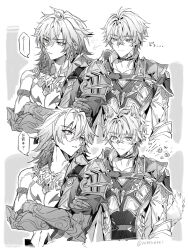 2boys animal_ears antenna_hair armlet black_choker black_coat black_shirt blue_eyes blush braid choker clawed_gauntlets coat commentary_request crossed_arms dog_boy dog_ears dog_tail earrings greyscale hair_between_eyes highres honkai:_star_rail honkai_(series) jewelry looking_at_another male_focus medium_hair monochrome multiple_boys multiple_views mydei_(honkai:_star_rail) necklace nienieeel open_clothes open_coat phainon_(honkai:_star_rail) shirt side_braid spot_color tail tail_wagging toned toned_male white_coat yaoi yellow_eyes