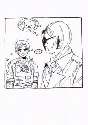 Rule 34 | ..., 1boy, 1girl, ada wong, blush, border, bulletproof vest, collared shirt, dirty, dirty face, dog, greyscale, highres, leon s. kennedy, looking at another, messy hair, monochrome, nul, open mouth, parted bangs, resident evil, resident evil 2, resident evil 2 (remake), scarf, shirt, short hair, sketch, smile, sparkle, spoken ellipsis, sunglasses, tongue, tongue out, upper body, white background, white border