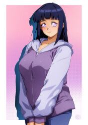Rule 34 | 1girl, absurdres, black hair, blue pants, blunt bangs, border, breasts, closed mouth, cowboy shot, gravydood, highres, hime cut, hood, hooded jacket, hyuuga hinata, jacket, large breasts, looking at viewer, naruto (series), naruto shippuuden, pants, purple background, purple eyes, purple jacket, smile, solo, white border, zipper pull tab
