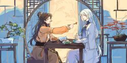 2girls architecture black_shirt blush bonsai bowl brown_hair chinese_clothes chinese_commentary chopsticks closed_eyes commentary du_ruo_(path_to_nowhere) east_asian_architecture from_side hair_bun highres holding holding_chopsticks indoors long_hair long_sleeves multiple_girls open_mouth orange_robe path_to_nowhere plaid profile robe sharing_food shirt sitting skirt smile table tooong4 white_hair white_robe white_skirt yao_(path_to_nowhere)