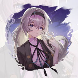 1girl black_cardigan black_hairband blue_eyes cardigan chinese_commentary closed_mouth commentary_request cropped_torso dated firefly_(honkai:_star_rail) grey_hair hair_between_eyes hair_intakes hairband hand_in_own_hair highres honkai:_star_rail honkai_(series) long_hair looking_at_viewer neck_ribbon ribbon roam_hong shirt smile solo twirling_hair white_shirt zoom_layer