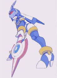 1girl android armor blue_armor blue_eyes blue_helmet crop_top fairy_leviathan_(mega_man) forehead_jewel helmet holding holding_polearm holding_weapon leaning_forward mega_man_(series) mega_man_zero_(series) nerum09 perspective polearm robot_girl simple_background solo thighhighs weapon white_background
