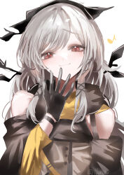 Rule 34 | 1girl, absurdres, arknights, bare shoulders, black gloves, closed mouth, commentary request, eighth note, gloves, grey hair, hair ornament, hand to own mouth, highres, horobu, long hair, long sleeves, musical note, red eyes, simple background, sketch, smile, smug, solo, twitter username, watermark, weedy (arknights), white background, x hair ornament