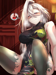 1girl armpits blush breasts china_dress chinese_clothes dress fate/grand_order fate_(series) grey_eyes grey_hair hair_ornament hairpin heart highres huyan_zhuo_(fate) interior large_breasts long_hair messy_hair sleeveless spoken_heart sweatdrop tgxx3300 thighs