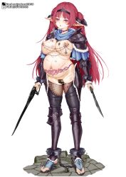 1girl arm_armor armor armored_boots bare_shoulders bdsm bondage boots bound breasts clitoris clitoris_piercing collar cuffs dagger dual_wielding earrings elf full_body highres holding jewelry knife large_breasts mind_control nipple_chain nipple_piercing nipple_rings nipples nude original parted_lips piercing pink_eyes pointy_ears pregnant pubic_tattoo pussy_piercing red_hair sandals shackles shoulder_armor simple_background slave solo standing tattoo twintails weapon white_background yakou_(4507770)