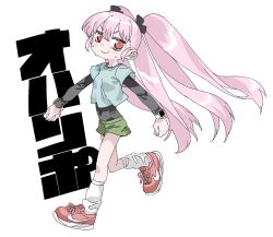1girl akitsuki_itsuki black_ribbon blush breasts covered_navel crop_top culottes grin hair_ribbon layered_shirt long_sleeves looking_at_viewer navel nike_(company) orange_eyes original pink_hair ribbon shoes short_shorts shorts simple_background smile sneakers socks solo standing sweat twintails watch white_background