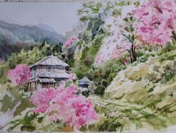 akemisuisai building cherry_blossoms day forest garage grass grey_sky hill house nature no_humans original painting_(medium) scenery sky sunlight traditional_media tree watercolor_(medium)