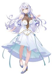 1girl absurdres ankle_strap aqua_bow aqua_bowtie aqua_choker aqua_ribbon armpit_crease bare_shoulders blue_shoes bow bowtie breasts bun_with_braided_base choker cleavage closed_mouth collarbone commentary_request cone_hair_bun detached_sleeves dress earrings floating_hair full_body gold_earrings gold_trim hair_bun hair_intakes hair_ornament hand_up high_heels highres hiyoku_no_crosspiece impossible_clothes impossible_shirt jewelry kohaku_yuri kohaku_yuri_(1st_costume) large_breasts layered_dress long_dress long_hair looking_at_viewer multicolored_hair nanashi_inc. puffy_short_sleeves puffy_sleeves pumps purple_hair ribbon sankyo_(821-scoville) see-through_cleavage see-through_clothes see-through_shirt shirt shoes short_sleeves simple_background sleeveless sleeveless_shirt smile solo split_mouth strapless strapless_dress streaked_hair teardrop_earrings two-tone_hair very_long_hair virtual_youtuber white_background white_dress white_hair white_sleeves yellow_eyes