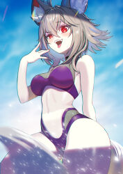 1girl :d absurdres ahoge animal_ear_fluff animal_ears arm_behind_back bare_shoulders bikini blue_sky blush breasts brown_hair chromatic_aberration cloud cowboy_shot day fangs filian_(vtuber) fox_ears fox_girl fox_tail gesugao grey_hair hair_between_eyes hand_up highres indie_virtual_youtuber large_breasts looking_at_viewer medium_breasts medium_hair minimalaifu navel open_mouth outdoors purple_bikini red_eyes rindo_(vrchat) short_hair sky smile solo swimsuit tail teeth thighs tongue tongue_out uneven_eyes upper_teeth_only vrchat wading water