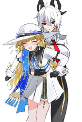 2girls :d absurdres black_collar black_gloves black_horns black_pants blonde_hair blue_sash breasts chest_harness closed_eyes collar collared_shirt commentary_request curled_horns earrings gloves grey_hair hair_between_eyes hair_ornament harness hat highres horns jewelry key_earrings large_breasts lhuwrya4ei45234 long_hair long_sleeves looking_at_another mole mole_under_eye multicolored_hair multiple_girls necktie no_legwear open_mouth pants phoebe_(wuthering_waves) red_eyes red_necktie sash shirt simple_background skirt smile streaked_hair sweatdrop tacet_mark_(wuthering_waves) very_long_hair white_background white_hat white_shirt white_skirt wuthering_waves x_hair_ornament zani_(wuthering_waves)