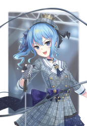 1girl beret black_gloves blue_choker blue_eyes blue_hair blue_nails choker gloves grey_hat grey_shirt grey_skirt hat highres holding holding_microphone hololive hoshimachi_suisei hoshimachi_suisei_(1st_costume) looking_at_viewer microphone nail_polish partially_fingerless_gloves shirt skirt smile solo star_(symbol) star_in_eye striped_clothes striped_shirt striped_skirt symbol_in_eye teeth ugaaaa1 upper_teeth_only vertical-striped_clothes vertical-striped_shirt vertical-striped_skirt virtual_youtuber