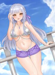 1girl assault_lily bare_arms bare_shoulders bikini bikini_under_clothes blue_sky blunt_bangs blush bracelet braid breasts breasts_apart cloud collarbone commentary_request cowboy_shot day dutch_angle earrings fingernails grey_bikini grey_hair hair_ribbon halterneck hand_in_own_hair hand_on_railing hand_up highleg highleg_bikini highres imai_tomohiro jewelry kon_kanaho large_breasts long_hair looking_at_viewer navel necklace o-ring o-ring_bikini o-ring_top open_clothes open_shorts outdoors parted_lips pendant purple_ribbon purple_shorts ribbon ring short_shorts shorts side_braid sidelocks single_braid sky smile solo standing stomach sweat swimsuit thigh_gap underboob unzipped very_long_hair yellow_eyes